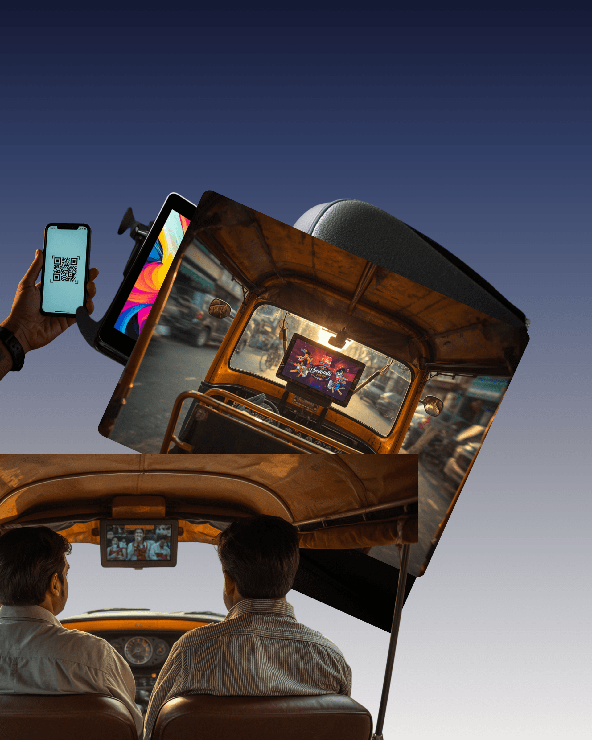 Backseat ad screen inside an auto-rickshaw — RideDisplay in-vehicle advertising