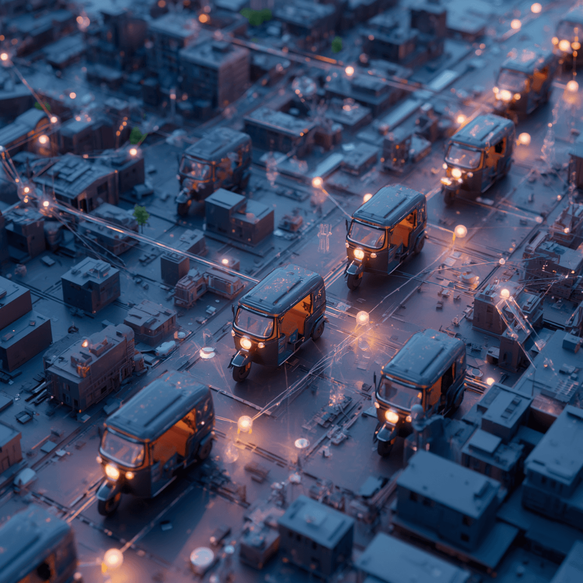 3D isometric view of DOOH network — autos connecting across urban routes